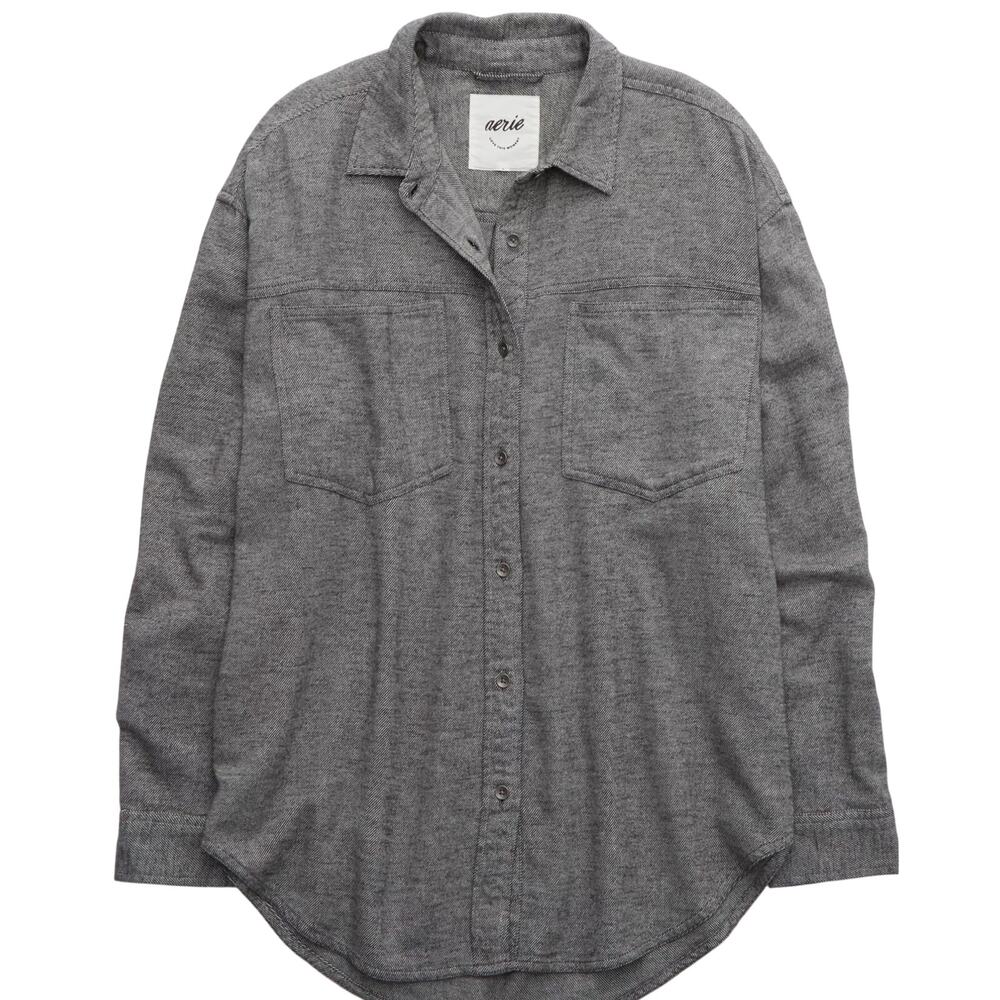 Aerie Anytime Fave Twill Shirt, Smoked Grey, Oversized, 100% Cotton, Medium